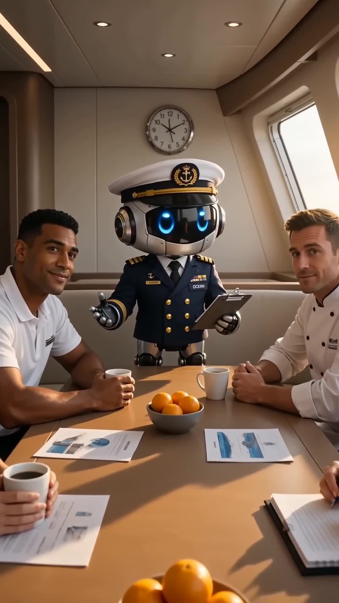Ocean briefing the crew at the mess table